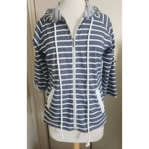 H8 Keren Hart lightweight blue gray striped hoodie with eyelet trim